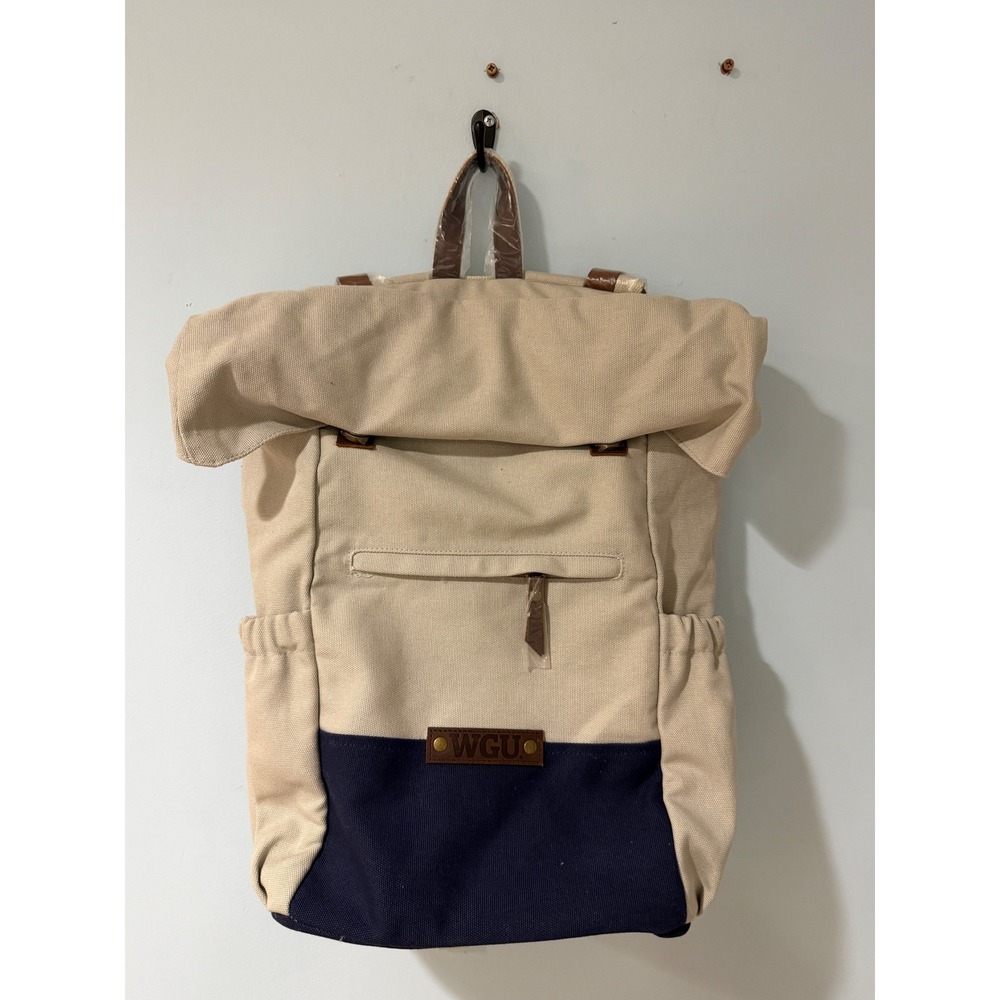 WGU Western Governors University Roll Top Canvas Backpack Laptop Sleeve Navy Tan